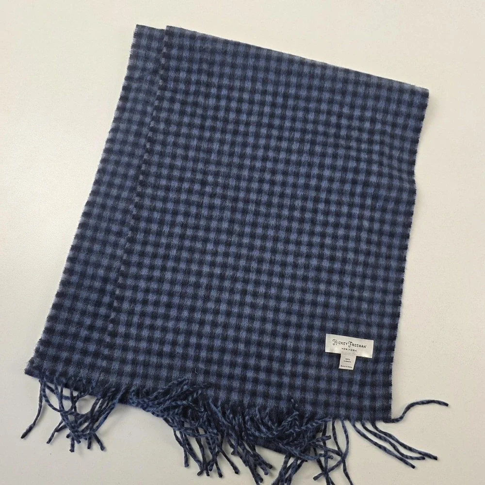 Hickey Freeman Scarf Mens Blue Plaid 100% Cashmere Fringe Winter Warm Soft